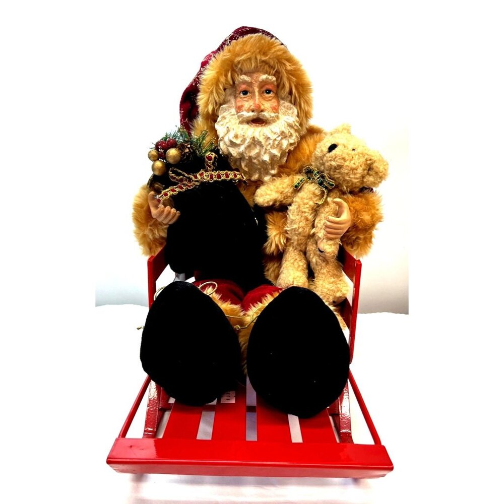 Vintage Santa Claus Sitting On Red Sled With Teddy Bear & Green Velvet Bag, Larg